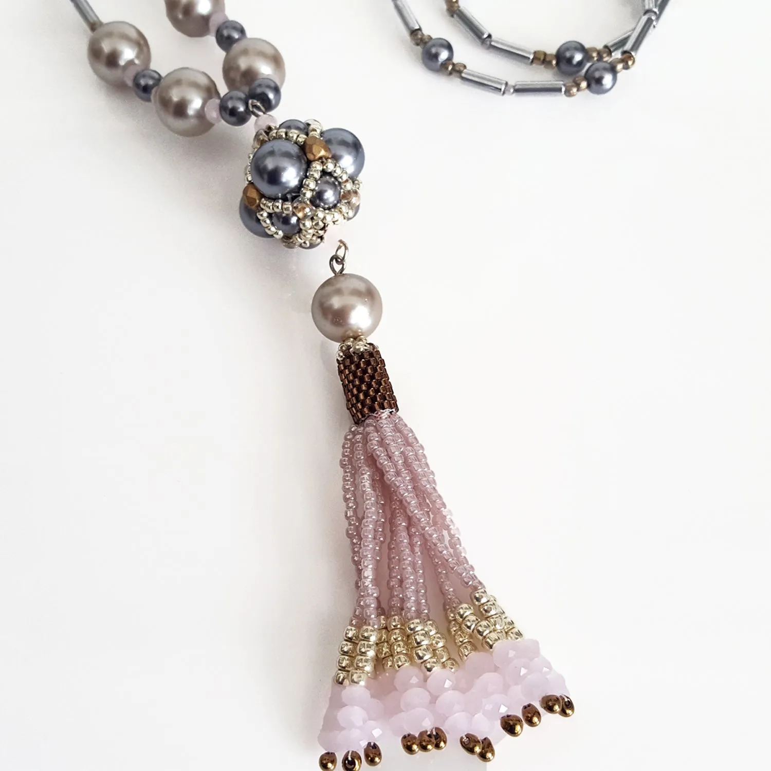 The Enchanted Ball - Pink Beaded Tassel Statement Necklace | KJ-390/PIN Handmade Necklace