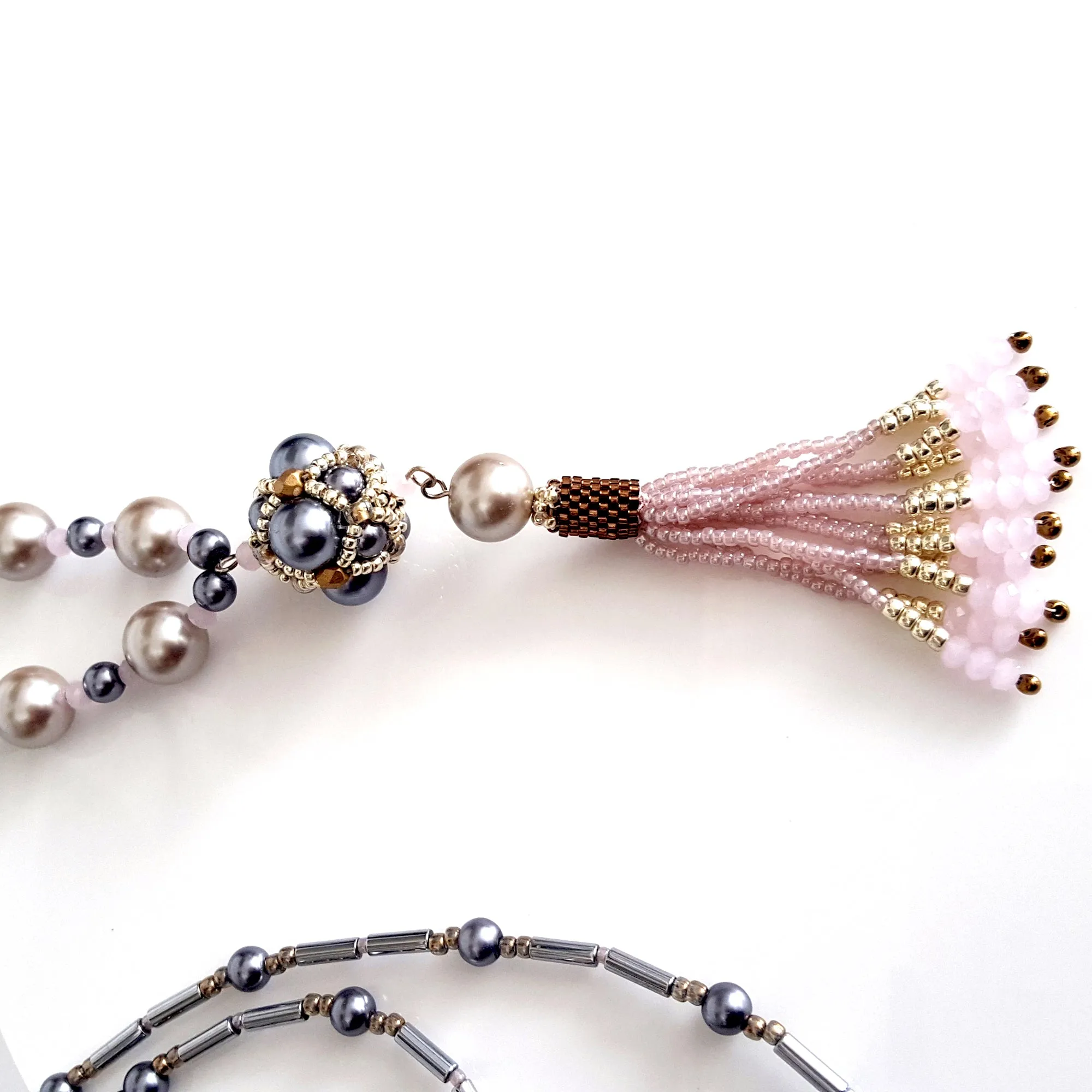 The Enchanted Ball - Pink Beaded Tassel Statement Necklace | KJ-390/PIN Handmade Necklace