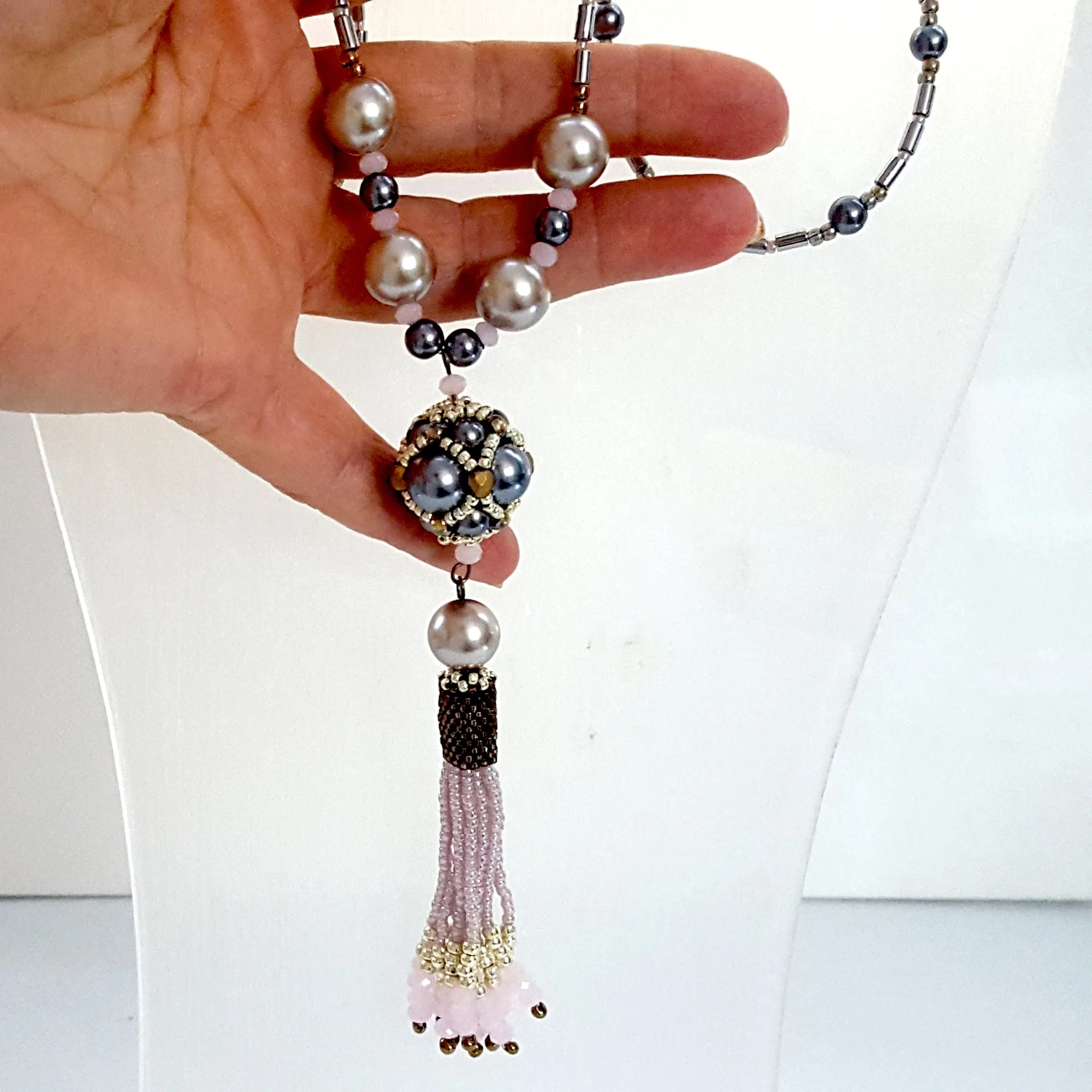 The Enchanted Ball - Pink Beaded Tassel Statement Necklace | KJ-390/PIN Handmade Necklace