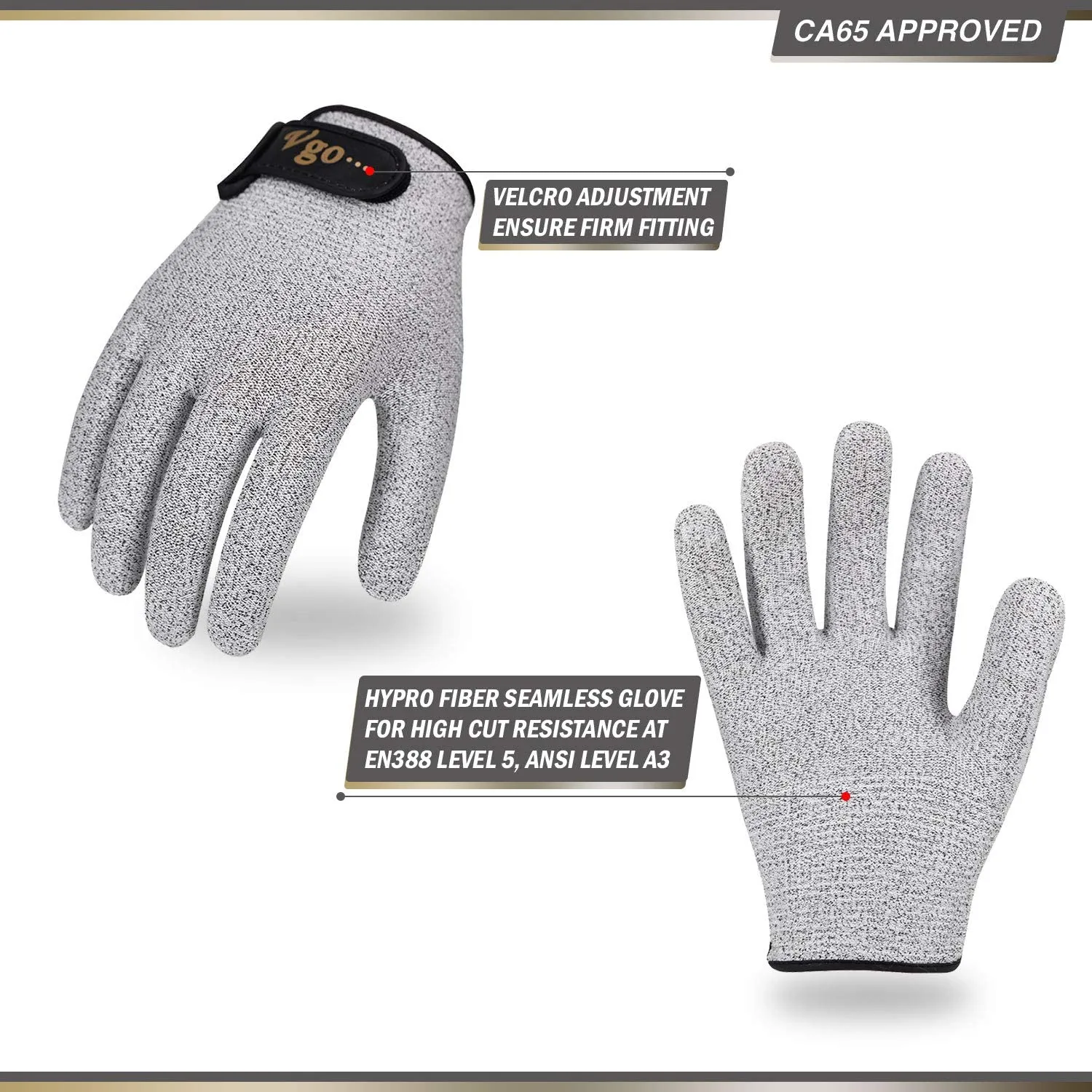 VGO 2 Pairs EN388 Level 5 Cut Resistance Kitchen Work Gloves(Grey,HY6027)