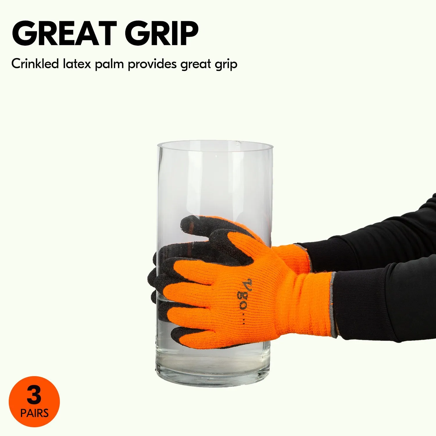 VGO 3 Pairs Foam Latex Coated Gardening and Work Gloves (Black, High-Vis Orange & Green, RB6010)