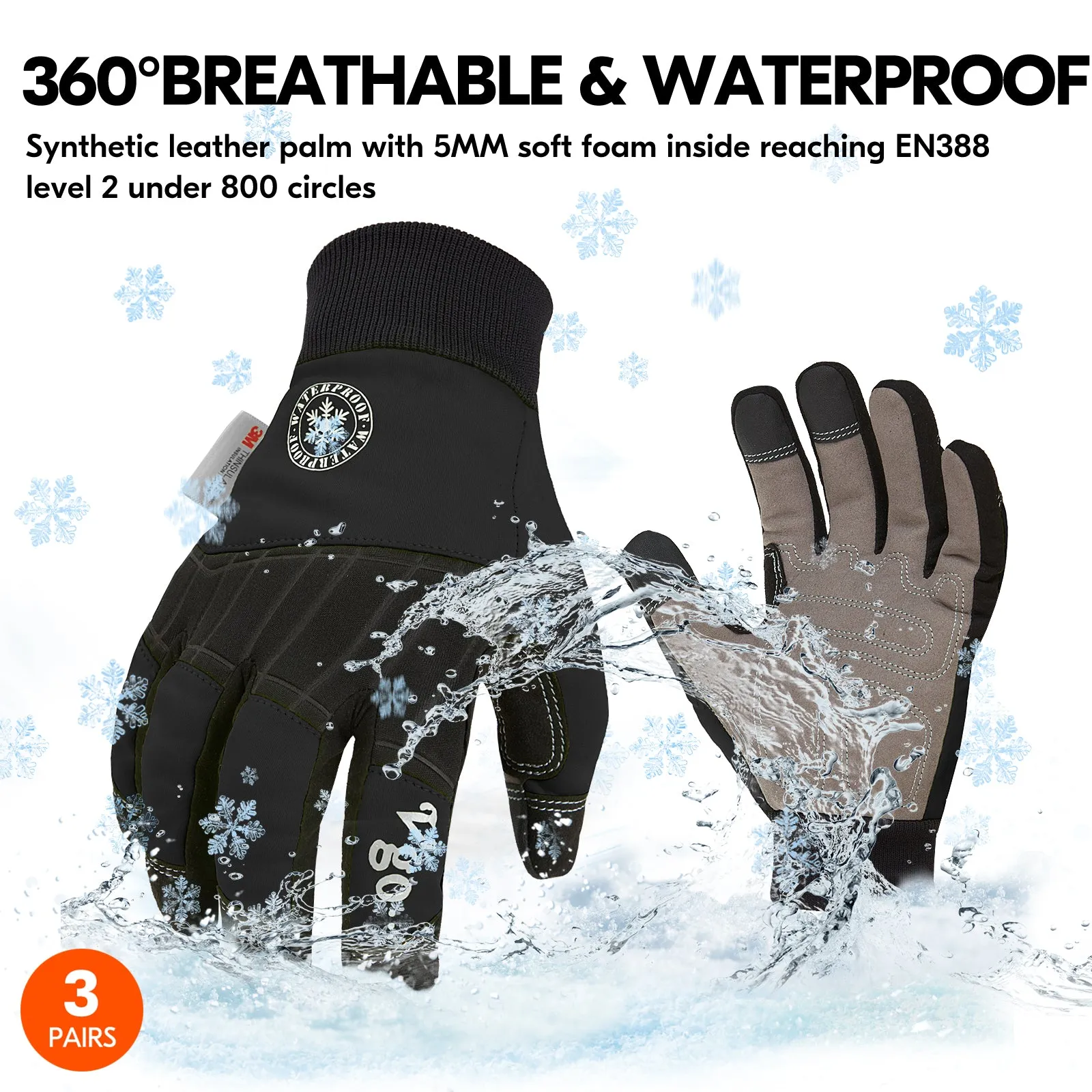 VGO 32℉ or above 3M Thinsulate C40 Lined Winter Synthetic Leather Waterproof Work Gloves (3 Colors, SL1015FW)