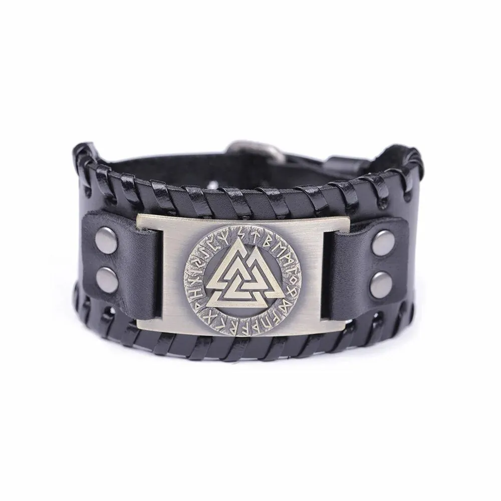 Viking Valknut Amulet Leather Bracelet