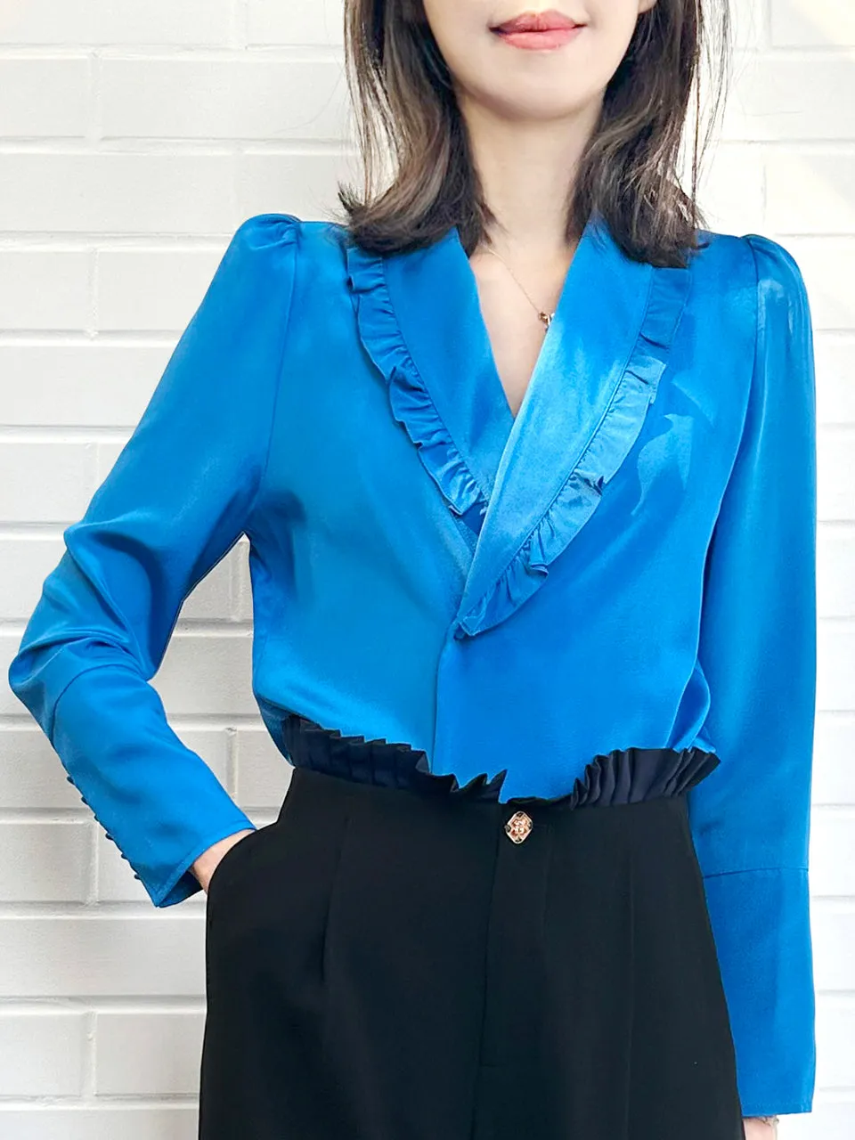 Vivid Blue Ruffled Collar Double Breasted Silky Shirt