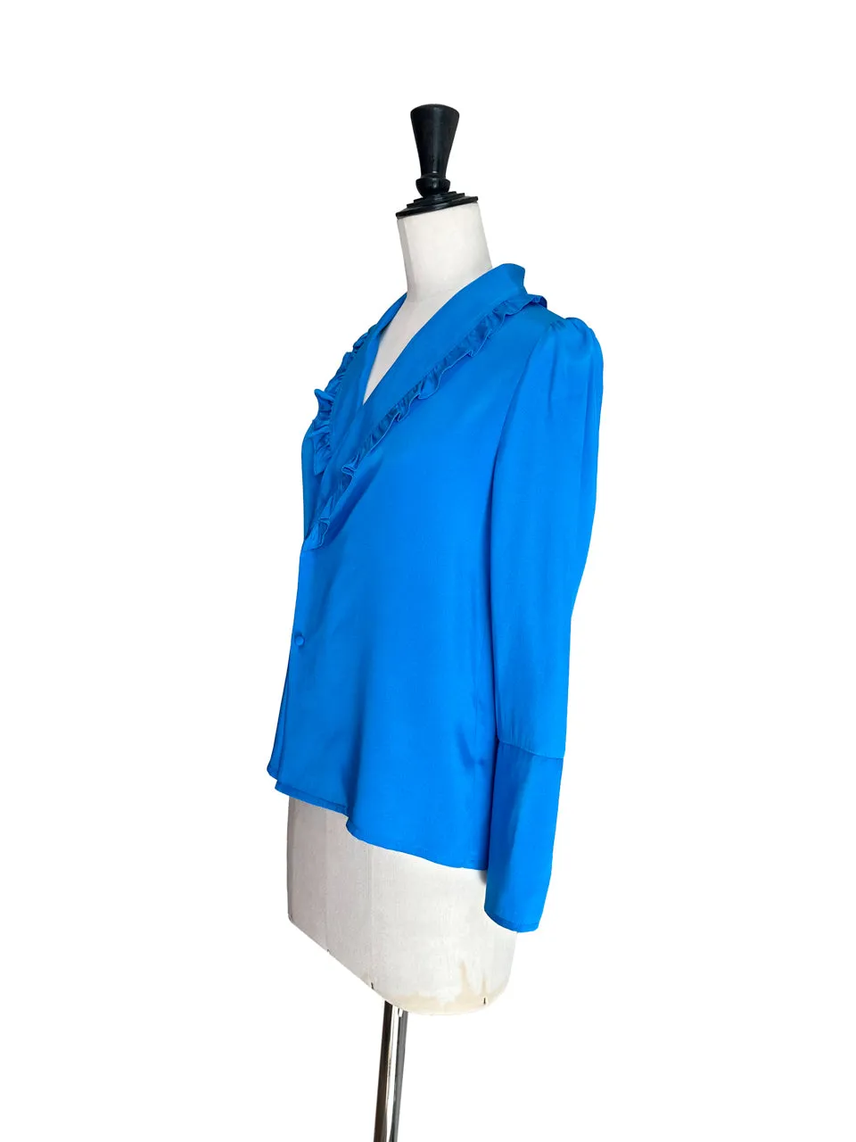 Vivid Blue Ruffled Collar Double Breasted Silky Shirt