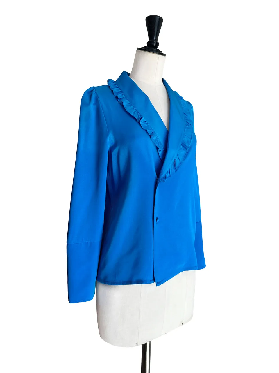 Vivid Blue Ruffled Collar Double Breasted Silky Shirt