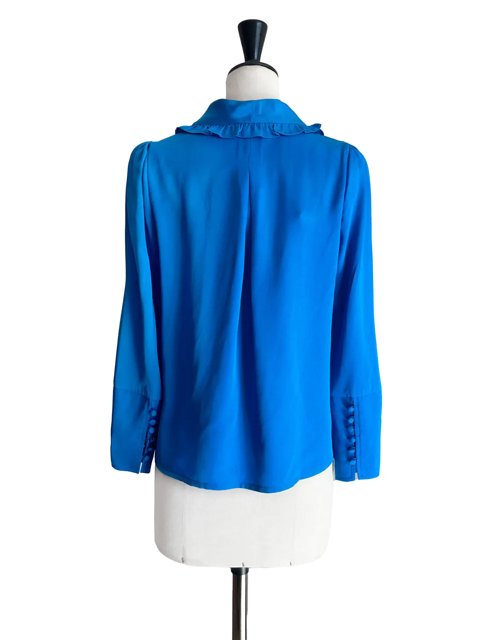 Vivid Blue Ruffled Collar Double Breasted Silky Shirt