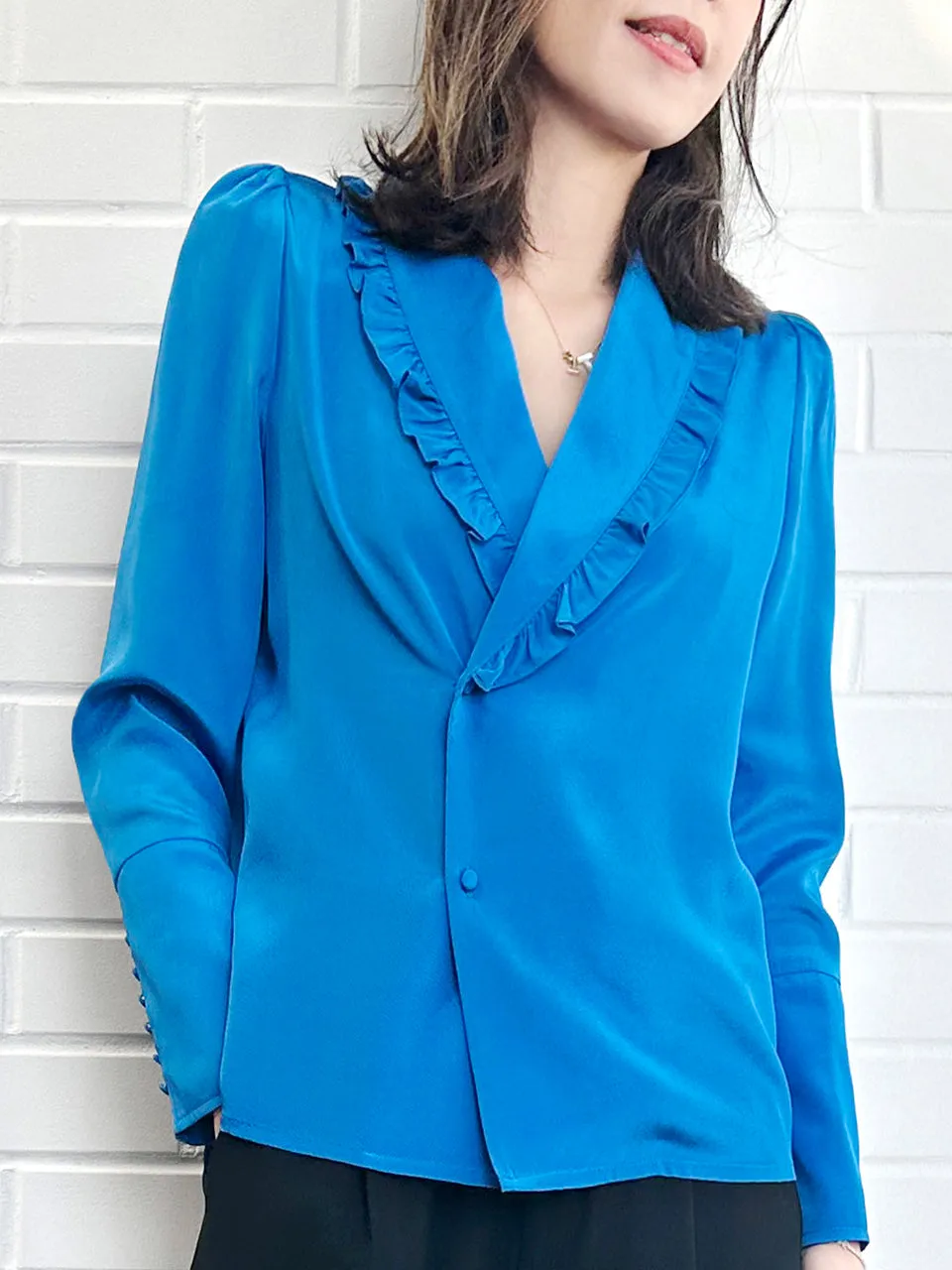 Vivid Blue Ruffled Collar Double Breasted Silky Shirt