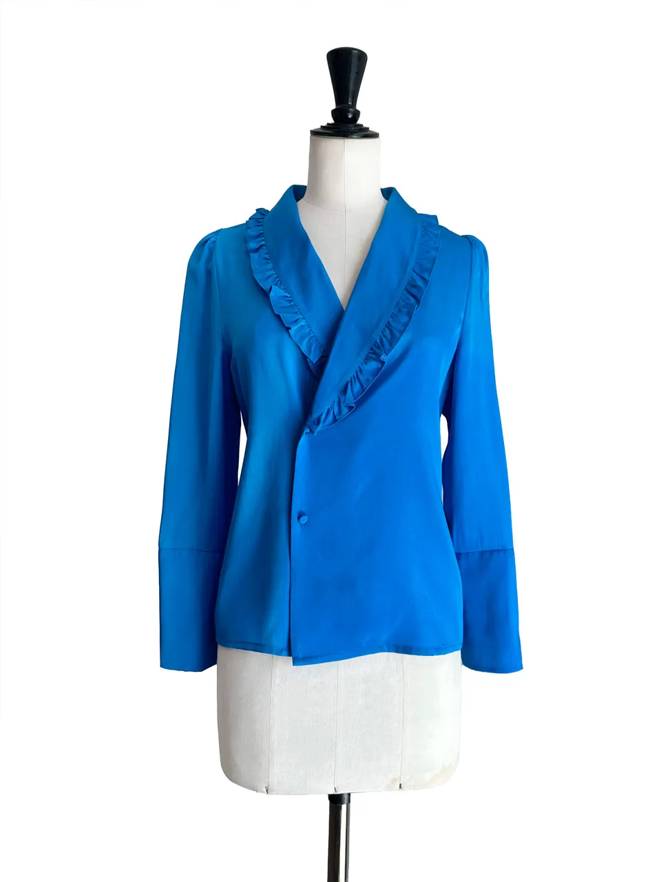 Vivid Blue Ruffled Collar Double Breasted Silky Shirt