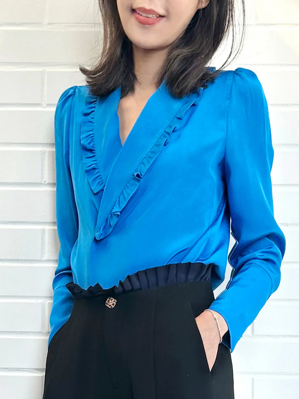 Vivid Blue Ruffled Collar Double Breasted Silky Shirt