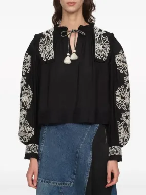 Women’s Black and White Floral-Embroidered Cotton Blouse