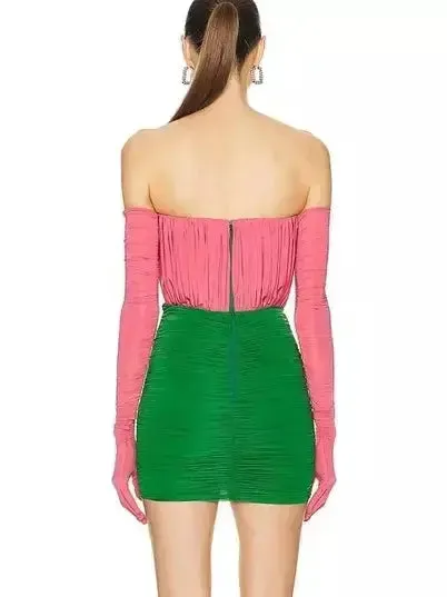 Women’s Color-Contrast Strapless Ruched Mini Dress with Long Gloves